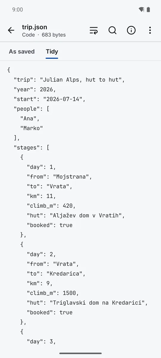 A JSON file in the tidy view with one key per line