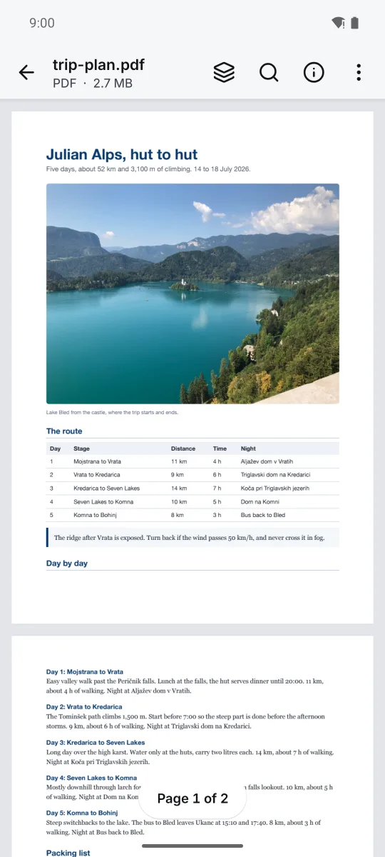 A two page trip plan PDF with a photo and a route table