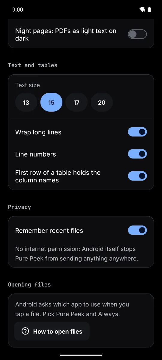 Settings in the True black look, with the privacy section